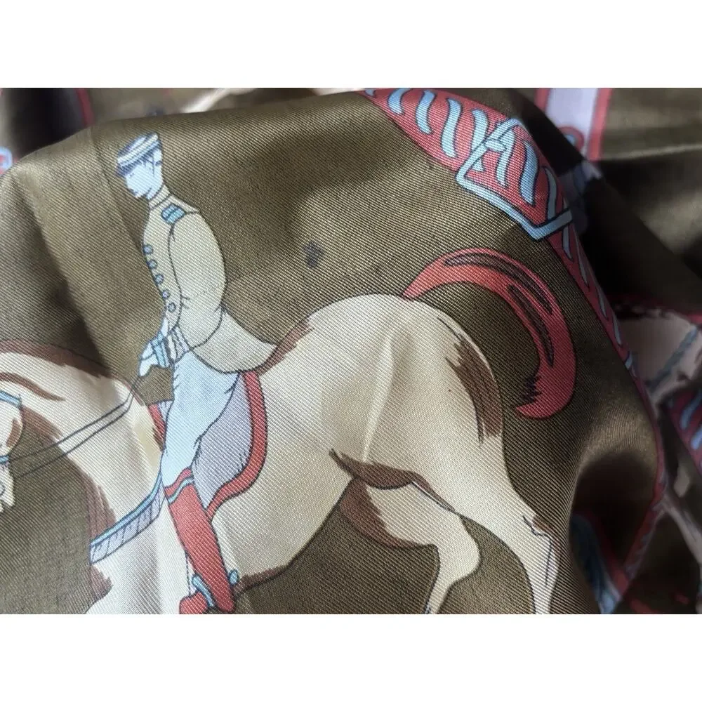 Vintage Equestrian Horse Rider Scarf Olive Green Satin Hermès Style 33” polo